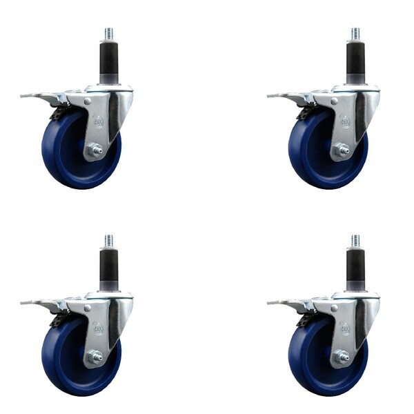 4'' Solid Poly Swivel 1-1/8'' Expanding Stem Caster Set Total Lock Brake, 4PK
